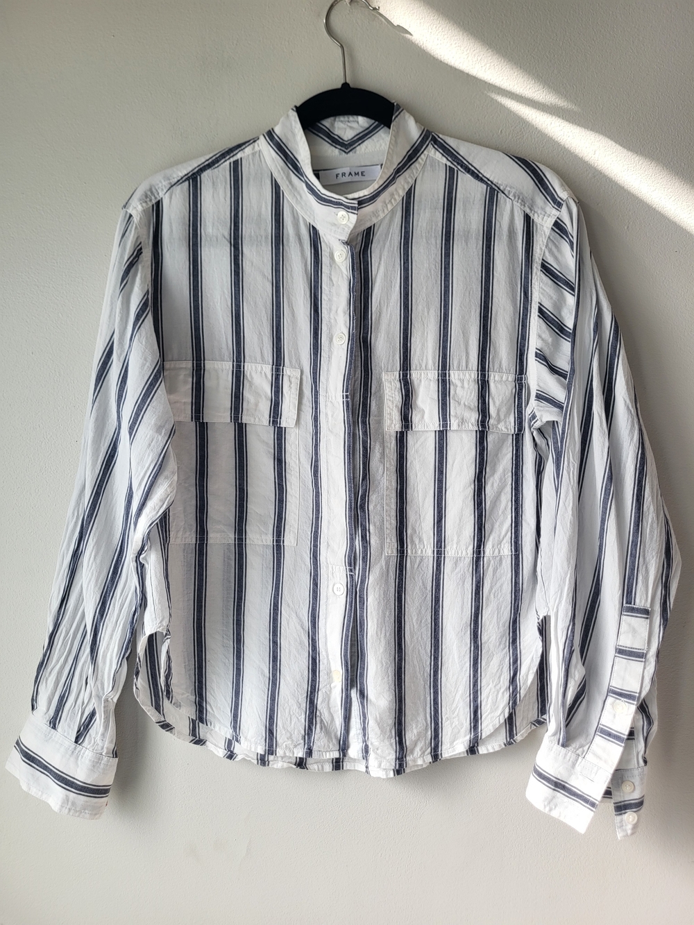 Frame Denim White and Blue Classic Layering Vertical Stripe Band-Collar Shirt